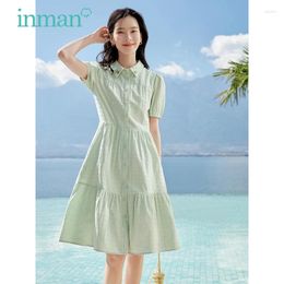 Party Dresses INMAN Women Dress 2024 Summer Puff Sleeve Doll Collar A-shaped Loose Embroidery Plaid Fresh Green Mid-length Skirt