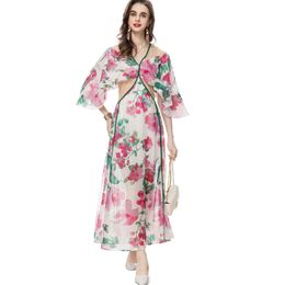 Women's Runway Dresses Sexy V Neck 3/4 Flare Sleeves Floral Printed Waist High Street Fashion Casual Vestidos
