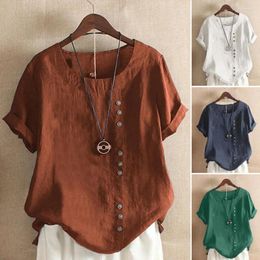 Women's Blouses Women T-Shirts Casual Loose Cotton Linen Short Sleeve Pullover Tops Round Neck Solid Colour Oversize Summer Shirt