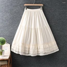Skirts Japan Style Mori Girl Sweet Lace Embroidery Multi Layer Skirt For Women Elastic Waist Cotton Linen Casual Loose A-line