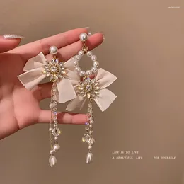 Stud Earrings S925 Silver Needle Pearl Bow Tassel Women's Fashion Temperament Crystal Asymmetric