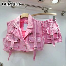 Work Dresses Casual Multiple Pockets Cargo Pink Skirt Suit Outfits 2024 Summer Fashion Elegant 2 Pieces Women Vest Skirts Matching Set