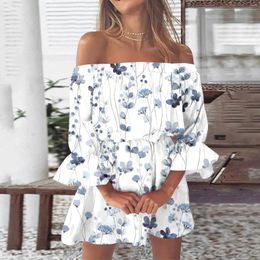 Casual Dresses Boho For Women 2024 Summer Sexy Off Shoulder Ruffle Sleeve Tunic Dress Mini Floral Sundress Vestidos