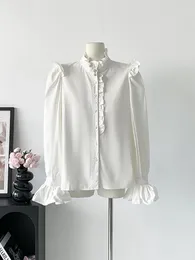 Women's Blouses Women Simple Daily White Tops Ruffled Puff Sleeve Summer Elegant Office Lady Formal Shirts Single Breasted Streetwear