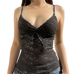 Women's Tanks Summer Black Lace Floral Camis Tops American Retro Spaghetti Straps V Neck Slim Fit Vest For Grunge Streetwear