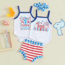 Clothing Sets Summer Independence Day Infant Baby Girls Shorts Sleeveless Letters Print Romper Stars Striped Hairband Outfit
