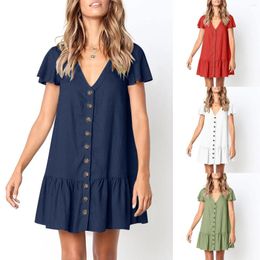 Casual Dresses For Teens Foreign Trade Summer 4 Colors Fashion V Neck Button Short Sleeve Pleated Women'S Dress Ropa Para Mujer