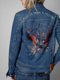 Guitar Embroidered Casual Single Breasted Jacket Women Denim Blue 240423