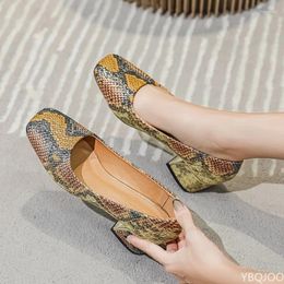 Dress Shoes Autumn Sexy Chunky Heel Split Leather Snakeskin Soft Women Round Toe Ladies 2024