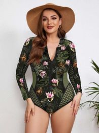 Women's Swimwear SEAURAL Long Sleeve Vintage Print 2024 New Plus Size One Piece Swimwear Zipper Women Bathing Suit Vintage Surfing Swim Suit