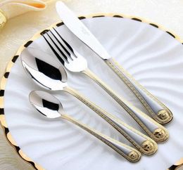 4 pcsset Vintage Western Gold Plated Dinnerware Dinner Fork Knife Set Golden Cutlery Set Stainless Steel Engraving Tableware X0708884965