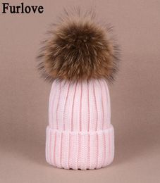 Furlove Real Raccoon Fur Women039s winter Hat Genuine Fur Pompom Women Knitted Bobble Ski Hat Cap Winter Hats for women skullie5755248