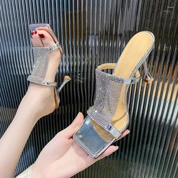 Slippers Square Head Rhinestone Sandals For Women In 2024 Summer Fashion Slim Heel Open Toe High