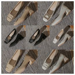 New top Designer High square toe off white women fashionable comfortable middle soft soles thick heels and single shoes