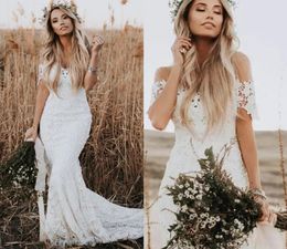 Off The Shoulder Boho Wedding Dresses Cheap 2022 Lovely Lace Sheath Backless Custom Made Bridal Dress Berta Wedding Dress Summer C7382811