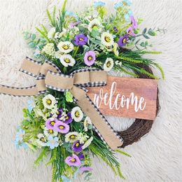 Decorative Flowers Front Door Wreath With Welcome Sign Artificial Simulation Flower