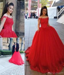 Elegant Red Bateau Applique Ball Gown quinceanera Dresses Off Shoulder Sweep Train Bridal Dress Fashion Prom Gowns2302502