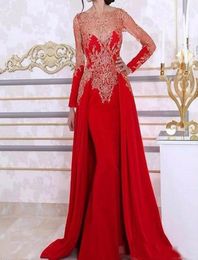 2019 Arabic Kaftan Dubai Red Mermaid Evening Dresses Long Sleeves Lace Beading Sequin Formal Prom Gown With Detachable Train3985424