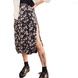 Skirts 2024 Women's Summer Knee-Length Casual High Waist Fashion Leopard Flower Skirt With Thigh Slit Sexy Slim