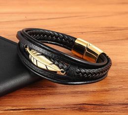 Charm Bracelet Men Multilayer Leather Braided Rope Stainless Steel Feather Leaf Magnetic Clasp Bangle Punk Jewelry with a velvet b1750570