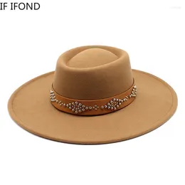 Berets Fedora Hats For Women 9.5cm Wide Brim Khaki Black Felted Dress Hat Panama Men Jazz Sombreros De Mujer