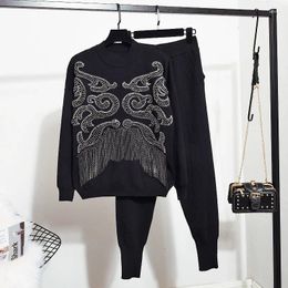 Women's Two Piece Pants Autumn Black Knitted Tracksuits Women Casual Outfits Fashion Beading Tassel Pullover Sweater Pencil Set Female