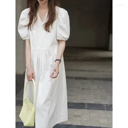 Party Dresses 2024 Summer Hepburn Style White Puff Sleeve Dress Female Japanese Gentle Platycodon Sweet Loose V-neck