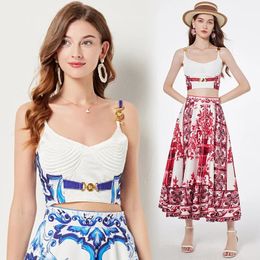 blue and white Porcelain Heavy Industry Metal Buckle 3D Bra Strap Skirt Top Swing Half Skirt Two Piece Set Suit lady women 240416
