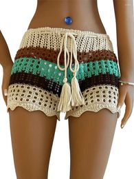 Women's Shorts Women Crochet Hollow-Out Sarongs Contrast Stripe See-Through Knit Beach Summer Bikini Bottoms Cover Up