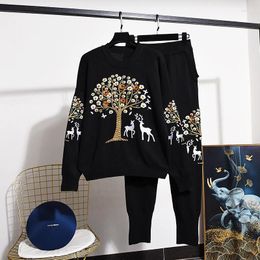 Women's Two Piece Pants Fashion Embroidery Knitted Tracksuits Set Women 2pc Spring Autumn Korean Black Knit Pullover Sweater Pencil Outfits