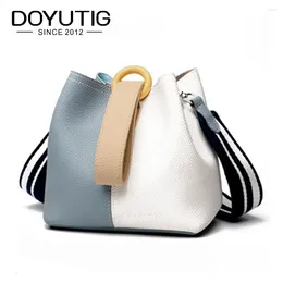 Evening Bags DOYUTIG Trendy Women's Genuine Leather Bucket With White And Blue Splice Colour Lady Fashion Handbags & Crossbody F562