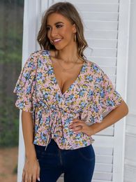 Women's Blouses Summer Sexy Deep V Chiffon Women Shirts And Casual Ruffle Short Sleeve Girl Sweet Pink Elegant Party Floral Print Top