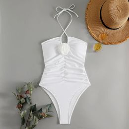 Women's Swimwear 2024 3D Flower Swimsuit One Piece Slim Vintage Women Sexy Bathers Bathing Swimming Swim Suit Female Beachwear White