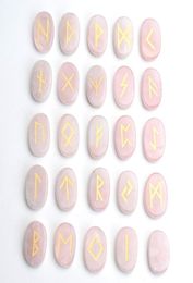 25 Pieces Natural Rose Quartz Carved Crystal Reiki Healing Palm Stone Engraved Pagan Lettering Wiccan Rune Stones Set with a 3876650