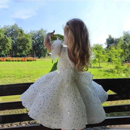 Wedding Party Princess Ball Gown Communion Kid 214 Years Glitter Beads Flower Girl Dresses White Childrens Feather Bow 240426