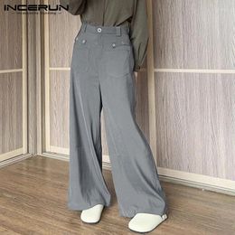 Men's Pants INCERUN Men Solid Colour Button Pockets Korean Style Casual Straight Trousers Streetwear 2024 Fashion Long S-5XL