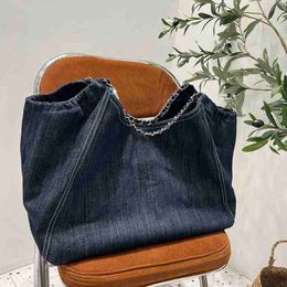 44CM Retro Women Portable Tote Bag Denim Letter Luxury Handbag Silver Hardware Chain Underarm Bag Outdoor Travel Crossbody Shoulder Bag Blue Trend Pochette