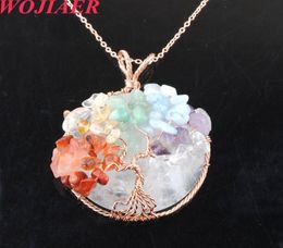 WOJIAER Natural Cabochon Stone Tree of Life Pendant Rose Gold Wire Wrap 7 Chakra Chip Bead Women Necklace 2022 New BO9022585056