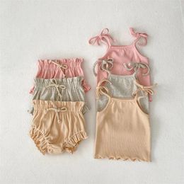 Clothing Sets Adorable Born Baby Girls Vest Bowknot Bloomers 2Pc Outfits Children Cotton Ribbed Strap Shirt Shorts Clothes 0-24M