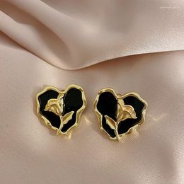 Stud Earrings Heart Rose For Women Black Colour Love Couple Gifts Trendy Korean Simple Cute Romantic Jewellery Accessories Ear