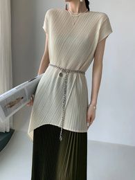 Miyake Pleated Top Womens Mid Length Irregular Sleeveless Shirt Summer Loose and Simple Premium Short Sleeve T-shirt 240423