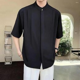 Men's Casual Shirts Soft Texture Men Top Stylish Stand Collar Ice Silk Cardigan For Summer Office Wear Pleated Loose Fit Half Sleeves