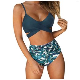 Women's Swimwear Cross V Neck Bandage Beachwear Bikinis Set Sexy Flower Leaf Print High Waist Bathing Suit Summer Vacation Push Up Tankinis