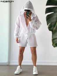 Men Mesh Sets Transparent Streetwear Vacation Hooded Long Sleeve Zipper Outerwear Shorts 2PCS Men Casual Suits INCERUN 240428