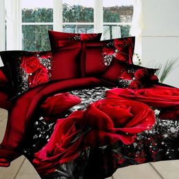 Sheet 4 pieces/set of 3D red rose flower bedding wedding soft down duvet cover bed sheets pillowcases bedding large size bedding 240516