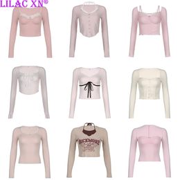 Y2K Sweet Pink Lace Trim Long Sleeve Corset Crop Tops Korean Style Cute Aesthetic Slim T-Shirt Women Basic Tees Autumn Pullovers 240424