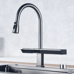 Luxury digital display brass grey kitchen faucet pull-out design waterfall water outlet single handle Cold Hot 2 control Tap