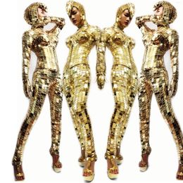 Stage Wear Gold Costume For GoGo Dancer Mirror Women Party Dress Nightclub Jumpsuit Show