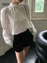 Women's Blouses Luxury Vintage Lace Patchwork Tops 2024 Summer White Long Sleeve Shirt See-through Loose Female Fashion INKEO 4T031