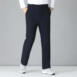 Men's Pants Side Pocket Suit Mid-aged Winter Solid Colour With Elastic High Waist Thickened Fleece Lining Windproof